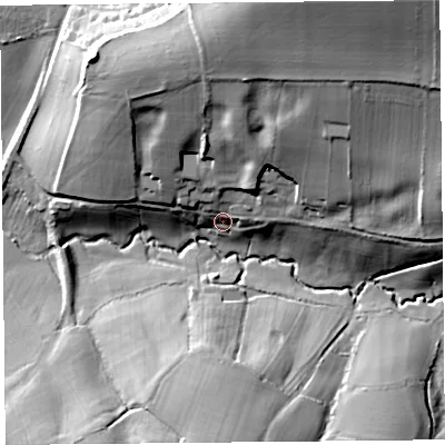 Shaded relief map of the ground around TA190PD, computed from Environment Agency LiDAR. The ground here sits at about 57 m above sea level and falls 46 m across the surrounding 800 m. Surface water reaching this point runs off ground lying to the north-north-east, 39.5 m higher.