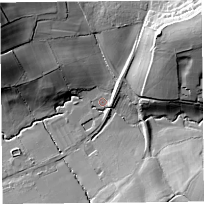 Shaded relief map of the ground around TA190PF, computed from Environment Agency LiDAR. The ground here sits at about 50 m above sea level and falls 36 m across the surrounding 800 m. Surface water reaching this point runs off ground lying to the north-east, 7.0 m higher.
