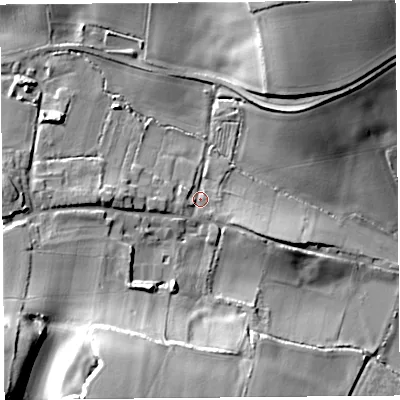 Shaded relief map of the ground around TA190QP, computed from Environment Agency LiDAR. The ground here sits at about 47 m above sea level and falls 34 m across the surrounding 800 m. Surface water reaching this point runs off ground lying to the west-south-west, 2.8 m higher.