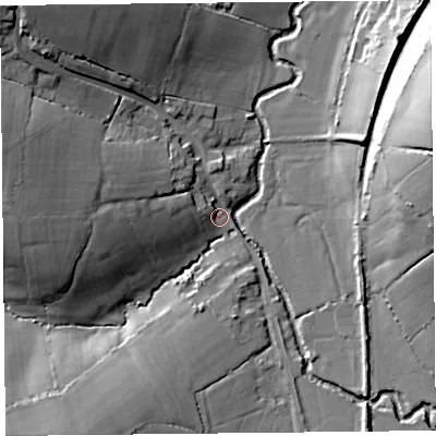 Shaded relief map of the ground around TA190RG, computed from Environment Agency LiDAR. The ground here sits at about 38 m above sea level and falls 28 m across the surrounding 800 m. Surface water reaching this point runs off ground lying to the west-north-west, 22.4 m higher.