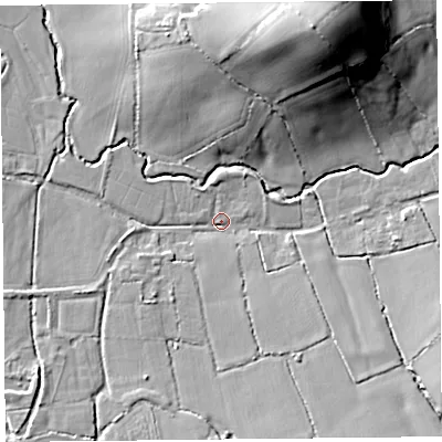 Shaded relief map of the ground around TA190SB, computed from Environment Agency LiDAR. The ground here sits at about 43 m above sea level and falls 31 m across the surrounding 800 m. Surface water reaching this point runs off ground lying to the south-east, 10.7 m higher.