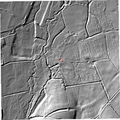 Shaded relief map of the ground around TA190SE, computed from Environment Agency LiDAR. The ground here sits at about 50 m above sea level and falls 25 m across the surrounding 800 m. Surface water reaching this point runs off ground lying to the south-east, 18.2 m higher.
