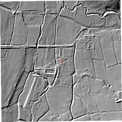 Shaded relief map of the ground around TA190SF, computed from Environment Agency LiDAR. The ground here sits at about 44 m above sea level and falls 15 m across the surrounding 800 m. Surface water reaching this point runs off ground lying to the south, 1.2 m higher.