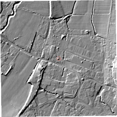 Shaded relief map of the ground around TA199AT, computed from Environment Agency LiDAR. The ground here sits at about 32 m above sea level and falls 11 m across the surrounding 800 m. Surface water reaching this point runs off ground lying to the south-west, 1.1 m higher.