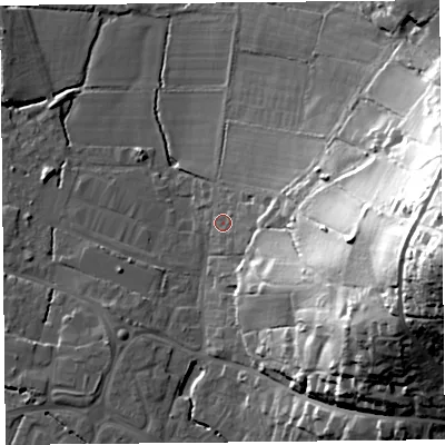 Shaded relief map of the ground around TA199BB, computed from Environment Agency LiDAR. The ground here sits at about 34 m above sea level and falls 62 m across the surrounding 800 m. Surface water reaching this point runs off ground lying to the east, 9.6 m higher.