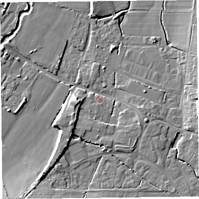 Shaded relief map of the ground around TA199BL, computed from Environment Agency LiDAR. The ground here sits at about 32 m above sea level and falls 11 m across the surrounding 800 m. Surface water reaching this point runs off ground lying to the east-south-east, 4.0 m higher.