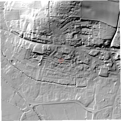 Shaded relief map of the ground around TA199BS, computed from Environment Agency LiDAR. The ground here sits at about 46 m above sea level and falls 66 m across the surrounding 800 m. Surface water reaching this point runs off ground lying to the north, 51.0 m higher.