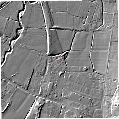 Shaded relief map of the ground around TA199BY, computed from Environment Agency LiDAR. The ground here sits at about 31 m above sea level and falls 15 m across the surrounding 800 m. Surface water reaching this point runs off ground lying to the south, 3.2 m higher.
