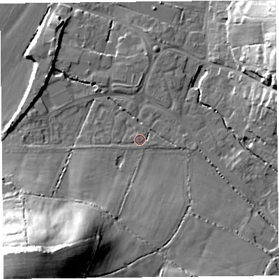 Shaded relief map of the ground around TA199DA, computed from Environment Agency LiDAR. The ground here sits at about 34 m above sea level and falls 53 m across the surrounding 800 m. Surface water reaching this point runs off ground lying to the south-west, 51.9 m higher.
