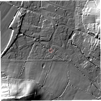 Shaded relief map of the ground around TA199DB, computed from Environment Agency LiDAR. The ground here sits at about 33 m above sea level and falls 53 m across the surrounding 800 m. Surface water reaching this point runs off ground lying to the south-west, 50.1 m higher.
