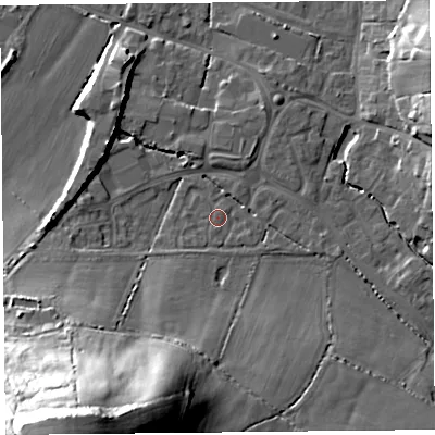 Shaded relief map of the ground around TA199DD, computed from Environment Agency LiDAR. The ground here sits at about 33 m above sea level and falls 54 m across the surrounding 800 m. Surface water reaching this point runs off ground lying to the south-west, 51.3 m higher.