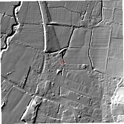 Shaded relief map of the ground around TA199DF, computed from Environment Agency LiDAR. The ground here sits at about 31 m above sea level and falls 18 m across the surrounding 800 m. Surface water reaching this point runs off ground lying to the south-south-west, 3.0 m higher.