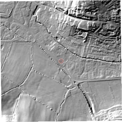 Shaded relief map of the ground around TA199DH, computed from Environment Agency LiDAR. The ground here sits at about 34 m above sea level and falls 43 m across the surrounding 800 m. Surface water reaching this point runs off ground lying to the north-east, 40.0 m higher.