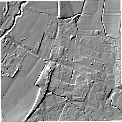 Shaded relief map of the ground around TA199DN, computed from Environment Agency LiDAR. The ground here sits at about 32 m above sea level and falls 11 m across the surrounding 800 m. Surface water reaching this point runs off ground lying to the south-south-west, 7.7 m higher.