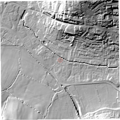 Shaded relief map of the ground around TA199DP, computed from Environment Agency LiDAR. The ground here sits at about 35 m above sea level and falls 50 m across the surrounding 800 m. Surface water reaching this point runs off ground lying to the north-east, 46.6 m higher.