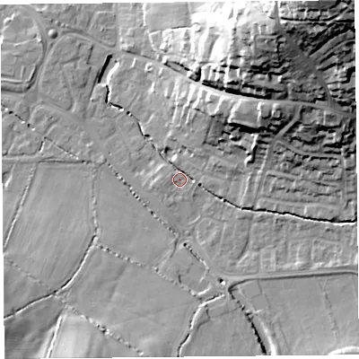 Shaded relief map of the ground around TA199DR, computed from Environment Agency LiDAR. The ground here sits at about 35 m above sea level and falls 56 m across the surrounding 800 m. Surface water reaching this point runs off ground lying to the north-east, 21.0 m higher.