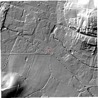 Shaded relief map of the ground around TA199DS, computed from Environment Agency LiDAR. The ground here sits at about 33 m above sea level and falls 47 m across the surrounding 800 m. Surface water reaching this point runs off ground lying to the south-west, 45.3 m higher.