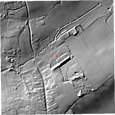 Shaded relief map of the ground around TA199DU, computed from Environment Agency LiDAR. The ground here sits at about 23 m above sea level and falls 17 m across the surrounding 800 m. Surface water reaching this point runs off ground lying to the east-south-east, 1.3 m higher.