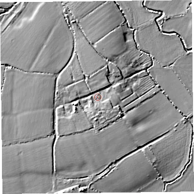 Shaded relief map of the ground around TA199EB, computed from Environment Agency LiDAR. The ground here sits at about 22 m above sea level and falls 8 m across the surrounding 800 m. Surface water reaching this point runs off ground lying to the south, 3.6 m higher.