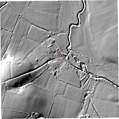 Shaded relief map of the ground around TA199ED, computed from Environment Agency LiDAR. The ground here sits at about 16 m above sea level and falls 18 m across the surrounding 800 m. Surface water reaching this point runs off ground lying to the south-west, 16.8 m higher.