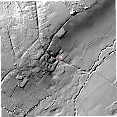 Shaded relief map of the ground around TA199EU, computed from Environment Agency LiDAR. The ground here sits at about 24 m above sea level and falls 15 m across the surrounding 800 m. Surface water reaching this point runs off ground lying to the west, 11.7 m higher.