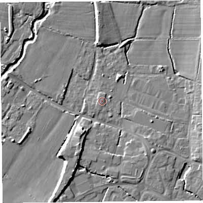 Shaded relief map of the ground around TA199FG, computed from Environment Agency LiDAR. The ground here sits at about 32 m above sea level and falls 10 m across the surrounding 800 m. Surface water reaching this point runs off ground lying to the south-west, 0.8 m higher.