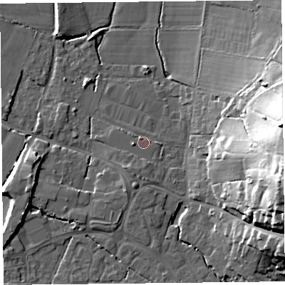 Shaded relief map of the ground around TA199FU, computed from Environment Agency LiDAR. The ground here sits at about 32 m above sea level and falls 38 m across the surrounding 800 m. Surface water reaching this point runs off ground lying to the west, 1.8 m higher.