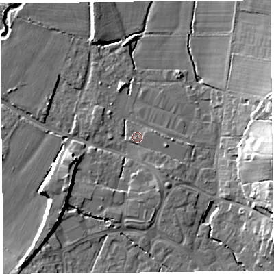 Shaded relief map of the ground around TA199FX, computed from Environment Agency LiDAR. The ground here sits at about 32 m above sea level and falls 20 m across the surrounding 800 m. Surface water reaching this point runs off ground lying to the south-south-east, 2.2 m higher.
