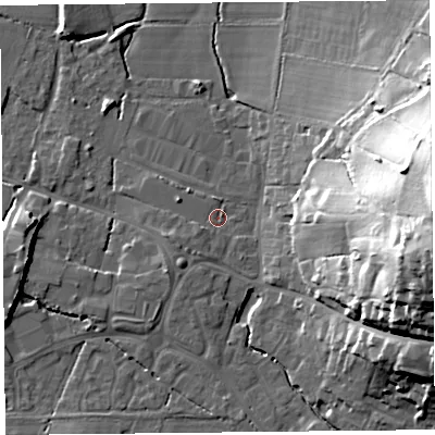 Shaded relief map of the ground around TA199FY, computed from Environment Agency LiDAR. The ground here sits at about 32 m above sea level and falls 41 m across the surrounding 800 m. Surface water reaching this point runs off ground lying to the south-west, 3.3 m higher.