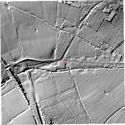 Shaded relief map of the ground around TA199HB, computed from Environment Agency LiDAR. The ground here sits at about 27 m above sea level and falls 14 m across the surrounding 800 m. Surface water reaching this point runs off ground lying to the west, 11.1 m higher.