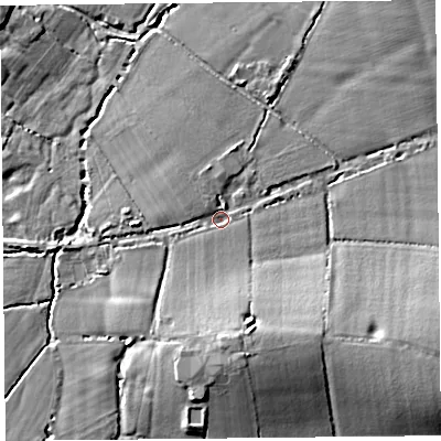 Shaded relief map of the ground around TA199HF, computed from Environment Agency LiDAR. The ground here sits at about 24 m above sea level and falls 11 m across the surrounding 800 m. Surface water reaching this point runs off ground lying to the south, 7.7 m higher.