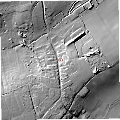 Shaded relief map of the ground around TA199HL, computed from Environment Agency LiDAR. The ground here sits at about 27 m above sea level and falls 15 m across the surrounding 800 m. Surface water reaching this point runs off ground lying to the south-south-west, 9.7 m higher.