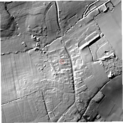 Shaded relief map of the ground around TA199HP, computed from Environment Agency LiDAR. The ground here sits at about 26 m above sea level and falls 15 m across the surrounding 800 m. Surface water reaching this point runs off ground lying to the south, 7.6 m higher.