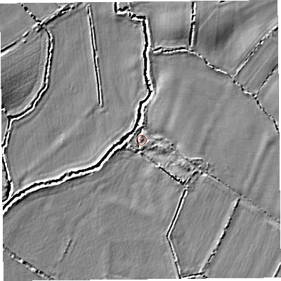 Shaded relief map of the ground around TA199JP, computed from Environment Agency LiDAR. The ground here sits at about 21 m above sea level and falls 7 m across the surrounding 800 m. Surface water reaching this point runs off ground lying to the east-south-east, 4.3 m higher.