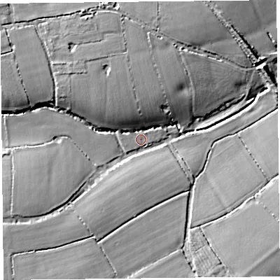 Shaded relief map of the ground around TA199LD, computed from Environment Agency LiDAR. The ground here sits at about 32 m above sea level and falls 12 m across the surrounding 800 m. Surface water reaching this point runs off ground lying to the north-north-west, 7.2 m higher.