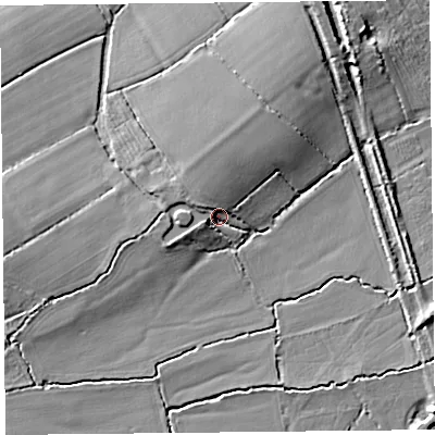 Shaded relief map of the ground around TA199LE, computed from Environment Agency LiDAR. The ground here sits at about 33 m above sea level and falls 10 m across the surrounding 800 m. Surface water reaching this point runs off ground lying to the north-north-west, 5.8 m higher.