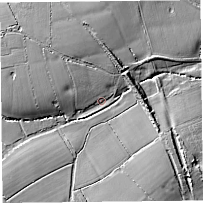 Shaded relief map of the ground around TA199LF, computed from Environment Agency LiDAR. The ground here sits at about 31 m above sea level and falls 13 m across the surrounding 800 m. Surface water reaching this point runs off ground lying to the west, 10.9 m higher.