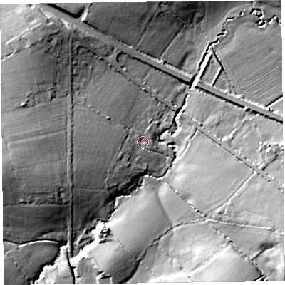 Shaded relief map of the ground around TA199NH, computed from Environment Agency LiDAR. The ground here sits at about 44 m above sea level and falls 23 m across the surrounding 800 m. Surface water reaching this point runs off ground lying to the west-south-west, 5.3 m higher.