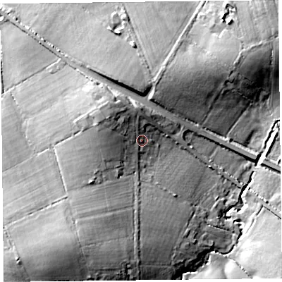 Shaded relief map of the ground around TA199NP, computed from Environment Agency LiDAR. The ground here sits at about 49 m above sea level and falls 19 m across the surrounding 800 m. Surface water reaching this point runs off ground lying to the west-north-west, 5.9 m higher.