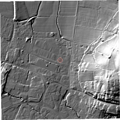 Shaded relief map of the ground around TA199PH, computed from Environment Agency LiDAR. The ground here sits at about 32 m above sea level and falls 45 m across the surrounding 800 m. Surface water reaching this point runs off ground lying to the east, 42.1 m higher.