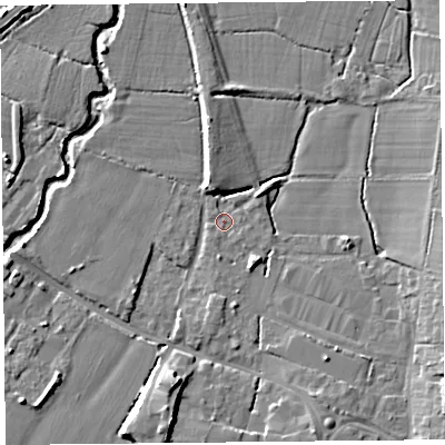Shaded relief map of the ground around TA199PN, computed from Environment Agency LiDAR. The ground here sits at about 31 m above sea level and falls 11 m across the surrounding 800 m. Surface water reaching this point runs off ground lying to the north-north-west, 5.3 m higher.