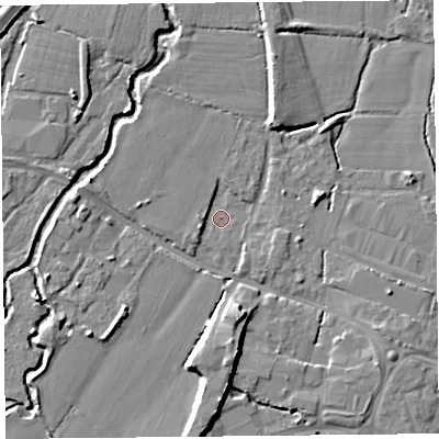 Shaded relief map of the ground around TA199PP, computed from Environment Agency LiDAR. The ground here sits at about 31 m above sea level and falls 10 m across the surrounding 800 m. Surface water reaching this point runs off ground lying to the south, 8.7 m higher.