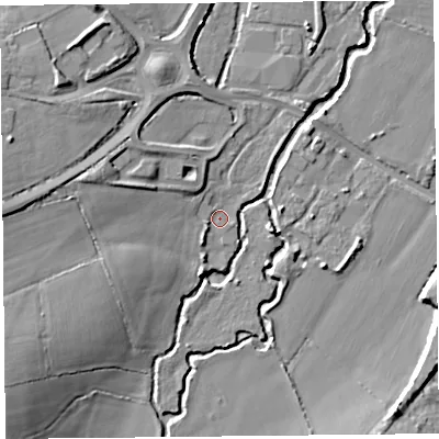 Shaded relief map of the ground around TA199PS, computed from Environment Agency LiDAR. The ground here sits at about 34 m above sea level and falls 19 m across the surrounding 800 m. Surface water reaching this point runs off ground lying to the west, 10.8 m higher.