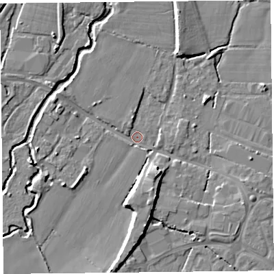Shaded relief map of the ground around TA199PW, computed from Environment Agency LiDAR. The ground here sits at about 31 m above sea level and falls 10 m across the surrounding 800 m. Surface water reaching this point runs off ground lying to the south-south-west, 5.3 m higher.