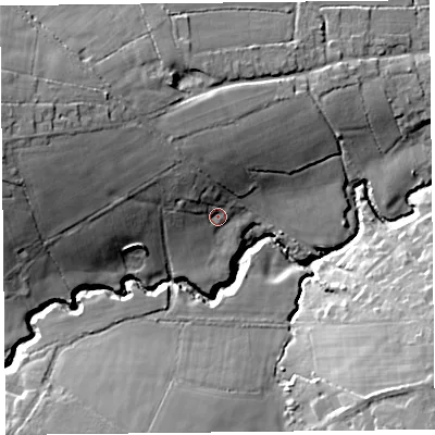 Shaded relief map of the ground around TA199QZ, computed from Environment Agency LiDAR. The ground here sits at about 66 m above sea level and falls 29 m across the surrounding 800 m. Surface water reaching this point runs off ground lying to the west-north-west, 17.1 m higher.