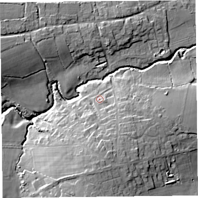 Shaded relief map of the ground around TA199RS, computed from Environment Agency LiDAR. The ground here sits at about 63 m above sea level and falls 25 m across the surrounding 800 m. Surface water reaching this point runs off ground lying to the south, 10.4 m higher.