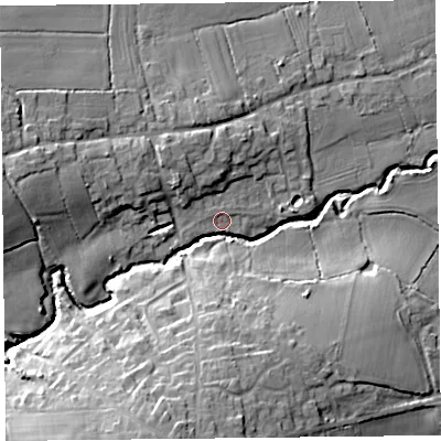 Shaded relief map of the ground around TA199RT, computed from Environment Agency LiDAR. The ground here sits at about 57 m above sea level and falls 24 m across the surrounding 800 m. Surface water reaching this point runs off ground lying to the west-north-west, 1.0 m higher.