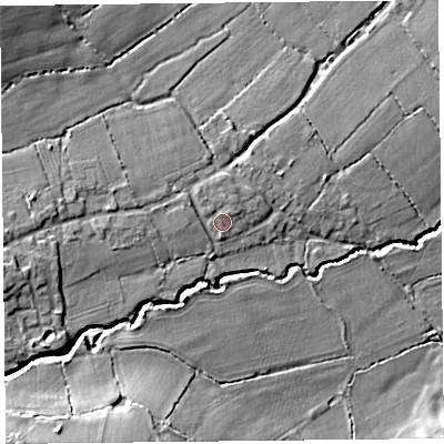 Shaded relief map of the ground around TA199RY, computed from Environment Agency LiDAR. The ground here sits at about 53 m above sea level and falls 18 m across the surrounding 800 m. Surface water reaching this point runs off ground lying to the north-west, 0.6 m higher.