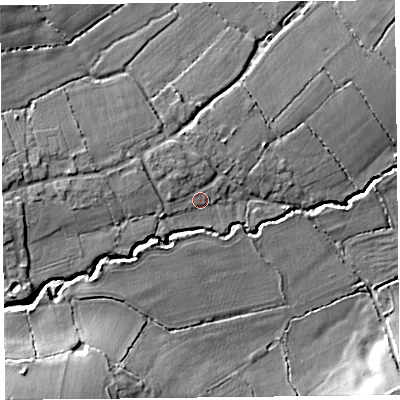 Shaded relief map of the ground around TA199RZ, computed from Environment Agency LiDAR. The ground here sits at about 51 m above sea level and falls 20 m across the surrounding 800 m. Surface water reaching this point runs off ground lying to the west, 2.4 m higher.