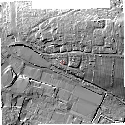 Shaded relief map of the ground around TA201HH, computed from Environment Agency LiDAR. The ground here sits at about 95 m above sea level and falls 27 m across the surrounding 800 m. Surface water reaching this point runs off ground lying to the north-north-east, 5.6 m higher.